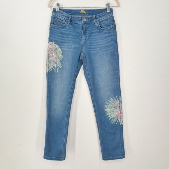 Tommy Bahama Denim Slim Leg Medium Blue Wash Hibiscus Leaf Print Women’s Size 26 - Picture 1 of 13